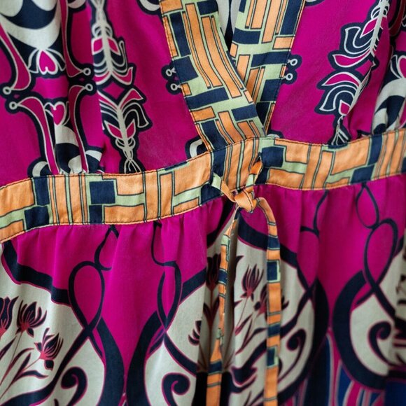 CAbi Chelsea Tunic SzL Colorful 100% Silk Babydoll Empire Waist Tie 3/4 Sleeve - Picture 5 of 9